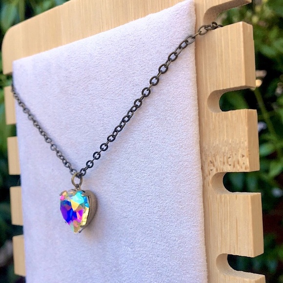 Aurora Borealis + Antique Brass Crystal Heart Drop Pendant Necklace - Picture 3 of 13